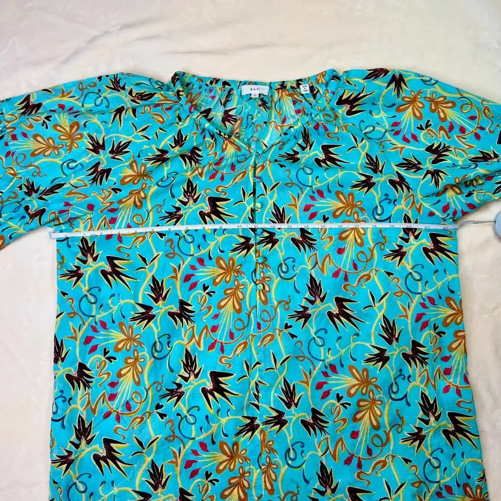 ALC Tropical Cotton Blouse Balloon Sleeve Turquoise 12 Resort Vacation Cruise - Picture 8 of 16